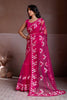Rani Pink Embroidered Net Saree White Floral Sleeveless Designer Blouse