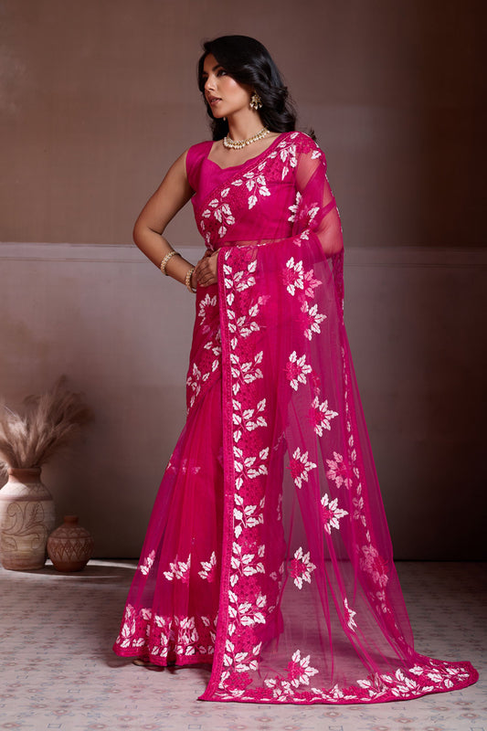 Rani Pink Embroidered Net Saree White Floral Sleeveless Designer Blouse