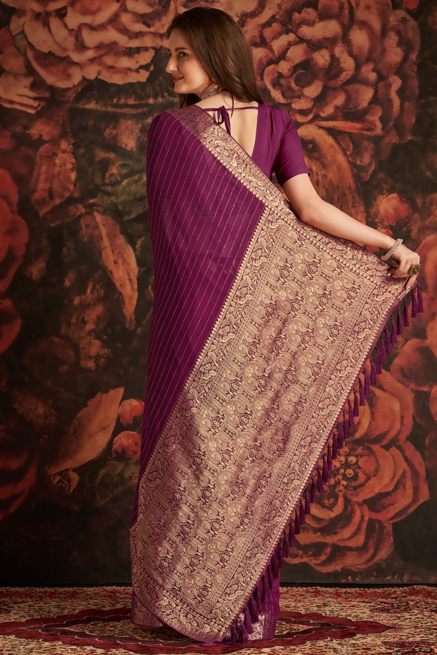 Elegant Purple Banarasi Silk Saree with Rich Golden Zari Weaving