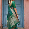 Teal Green Silk Saree with Traditional Zari Border Buti Design
