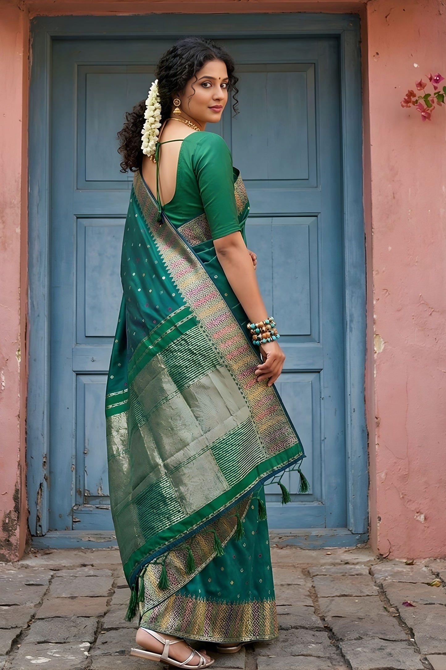 Teal Green Silk Saree with Traditional Zari Border Buti Design