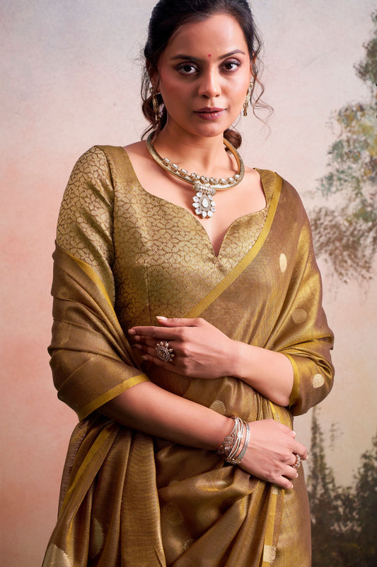 Rich Golden Brown Silk Saree Zari Polka Dot Weaving Designer Saree