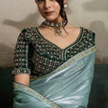 Mint Green Soft Silk Saree Designer Embroidered Blouse Zari Border