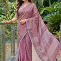  Mauve Pink Linen Cotton Saree Floral Embroidery Designer Tassel Pallu
