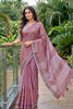  Mauve Pink Linen Cotton Saree Floral Embroidery Designer Tassel Pallu