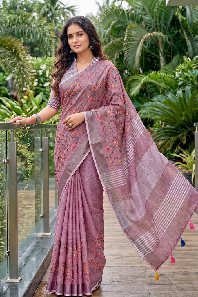  Mauve Pink Linen Cotton Saree Floral Embroidery Designer Tassel Pallu