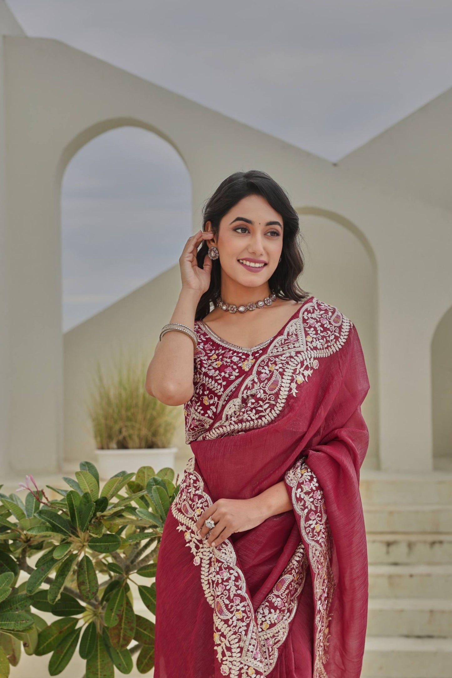 Rose Pink Georgette Saree Heavy Embroidered Border Designer Blouse