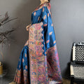 Royal Navy Blue Kashmiri Printed Satin Silk Saree with Designer Border