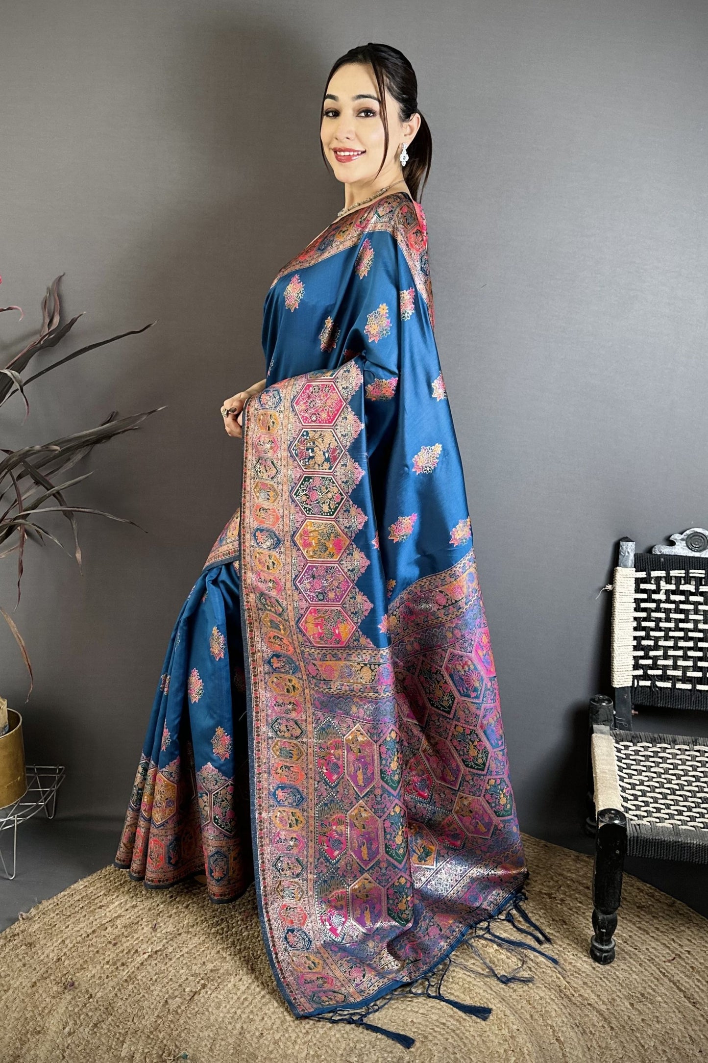 Royal Navy Blue Kashmiri Printed Satin Silk Saree with Designer Border