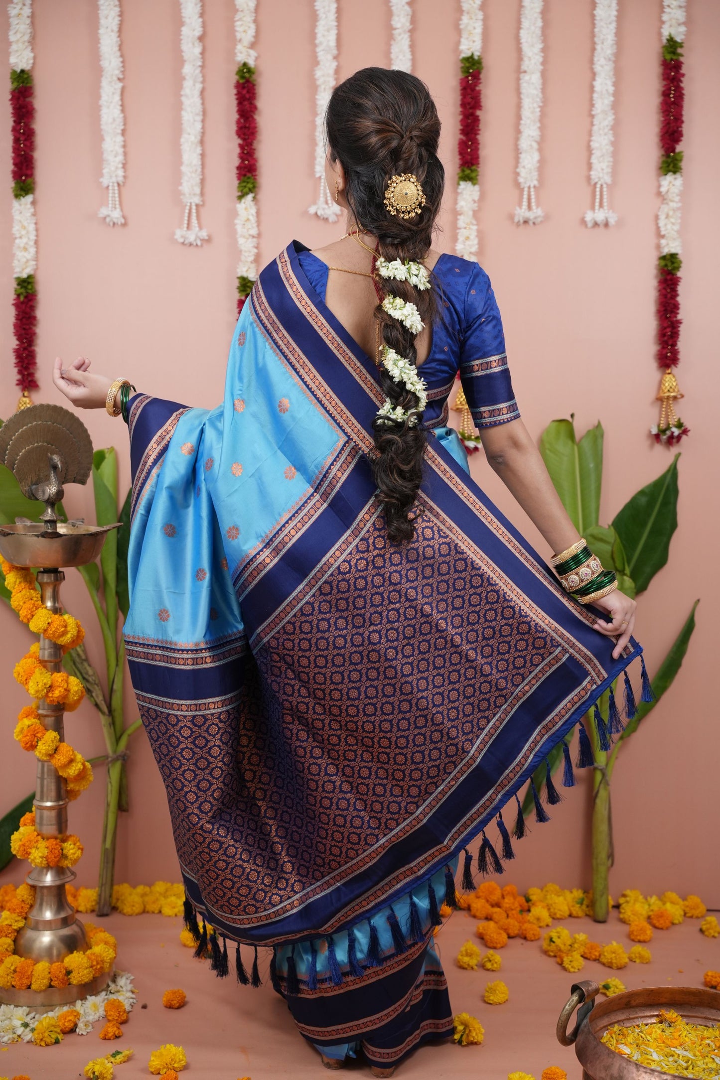 Sky Blue Silk Saree Navy Blue Woven Border Traditional Design