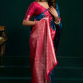Teal Blue Soft Silk Saree with Pink Contrast Border