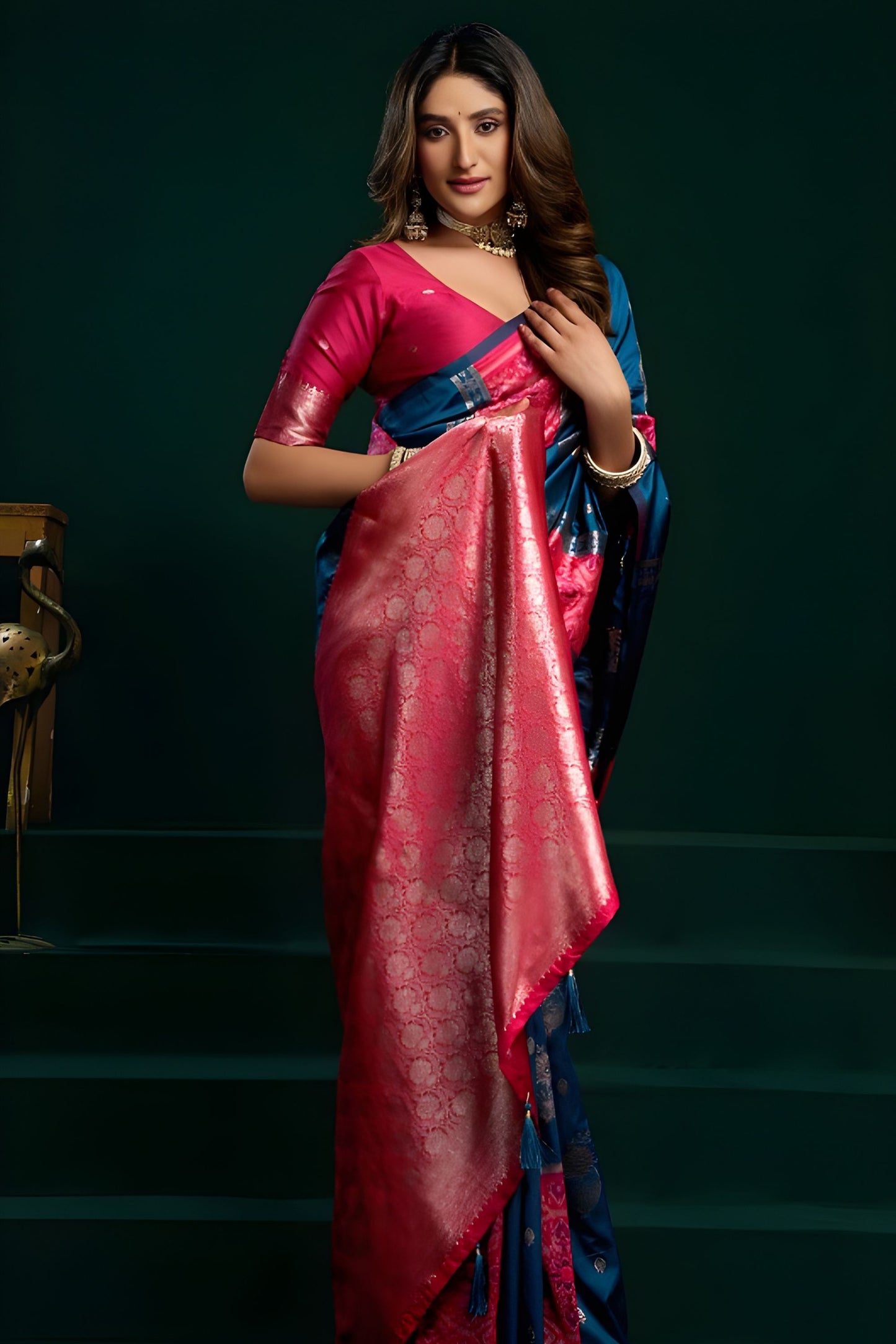 Teal Blue Soft Silk Saree with Pink Contrast Border