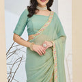 Mint Green Designer Saree Multicolor Embroidered Border Ready To Wear