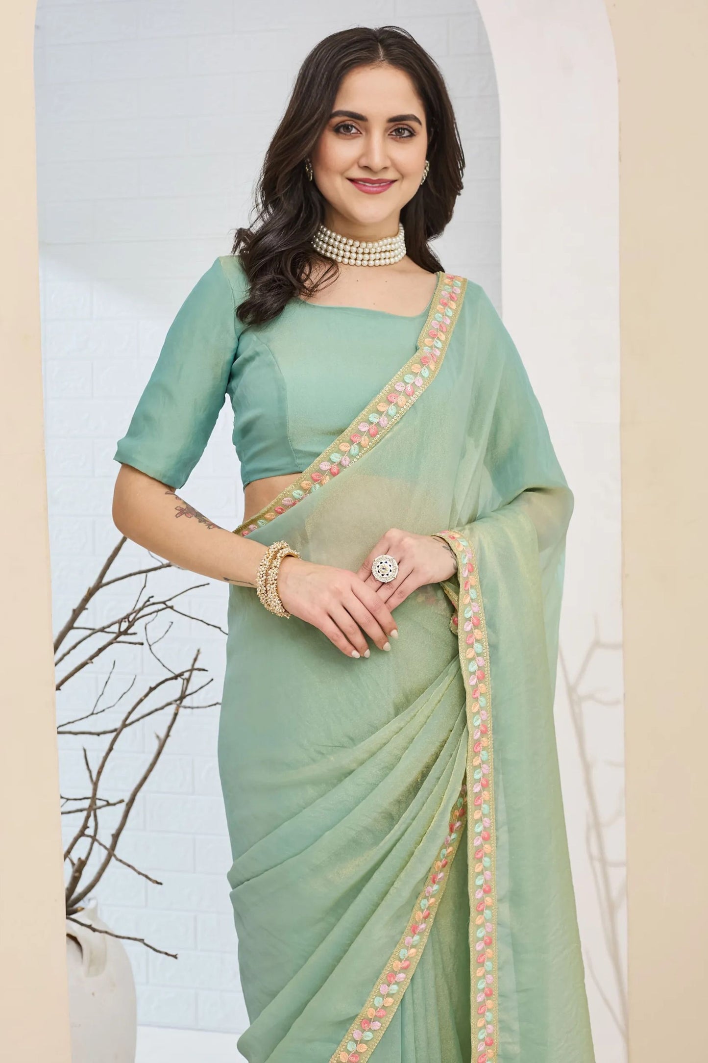Mint Green Designer Saree Multicolor Embroidered Border Ready To Wear