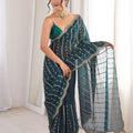 Teal Blue Organza Silk Saree Golden Zari Embroidery Designer Blouse