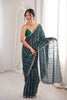 Teal Blue Organza Silk Saree Golden Zari Embroidery Designer Blouse