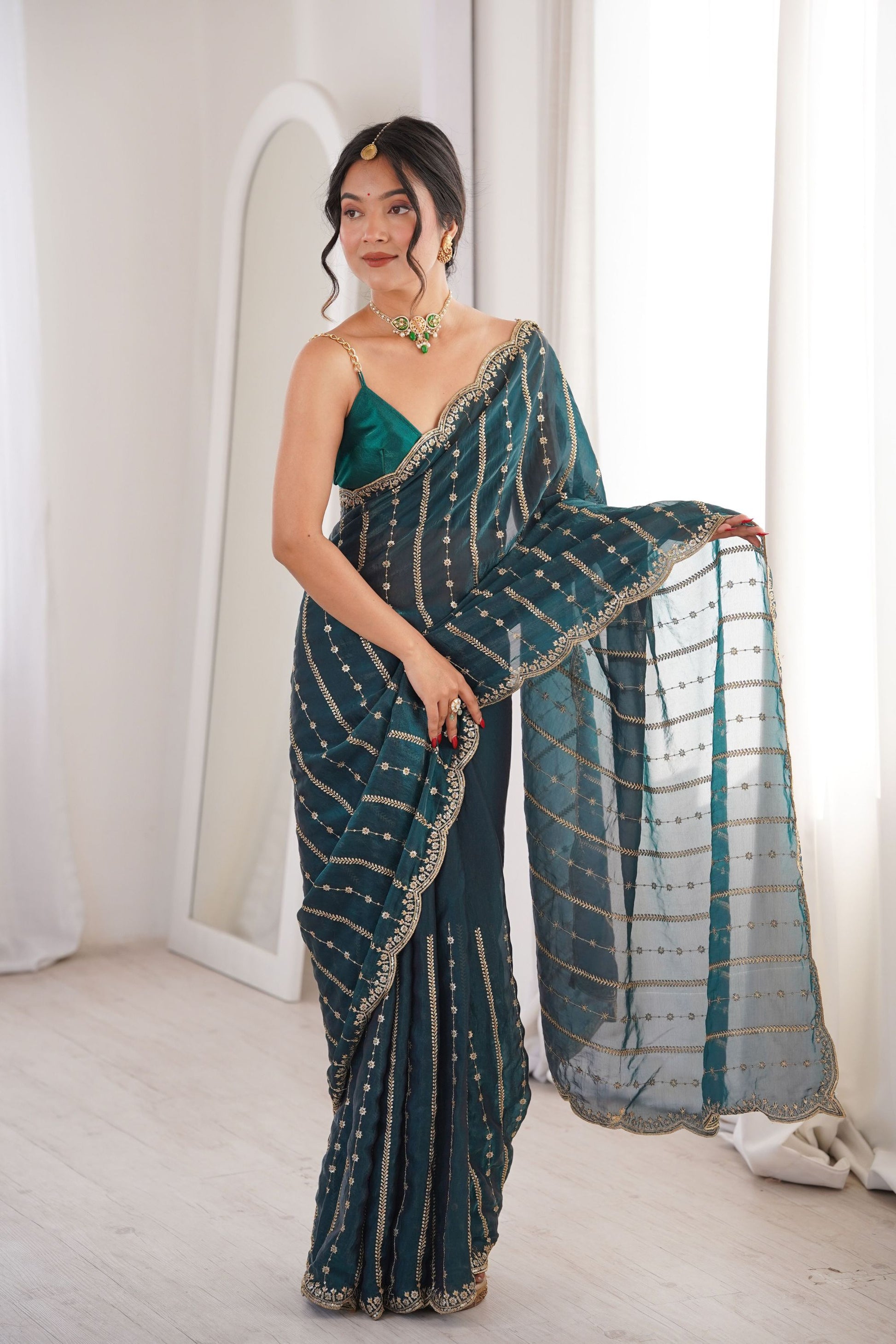 Teal Blue Organza Silk Saree Golden Zari Embroidery Designer Blouse