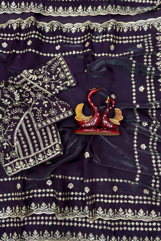 Purple Georgette Saree with Heavy Sequins Embroidery Blouse
