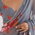 Grey Floral Printed Georgette Saree with Pearl Border Matching Blouse
