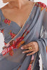 Grey Floral Printed Georgette Saree with Pearl Border Matching Blouse