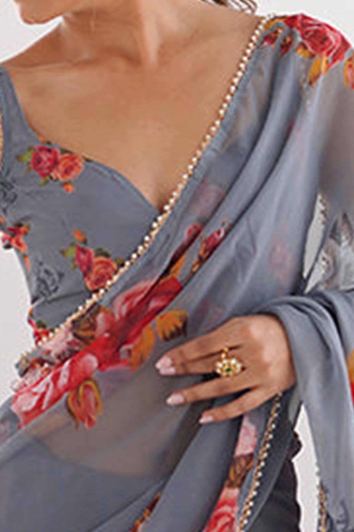 Grey Floral Printed Georgette Saree with Pearl Border Matching Blouse