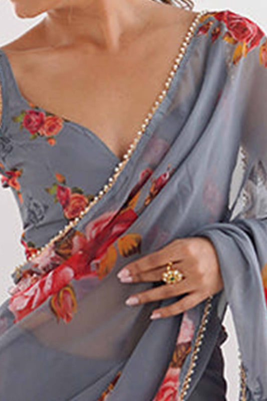 Grey Floral Printed Georgette Saree with Pearl Border Matching Blouse