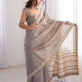 Elegant Grey Linen Designer Saree with Mirror Work Border