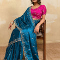 Teal Blue Silk Saree with Silver Zari Embroidery Pink Designer Blouse