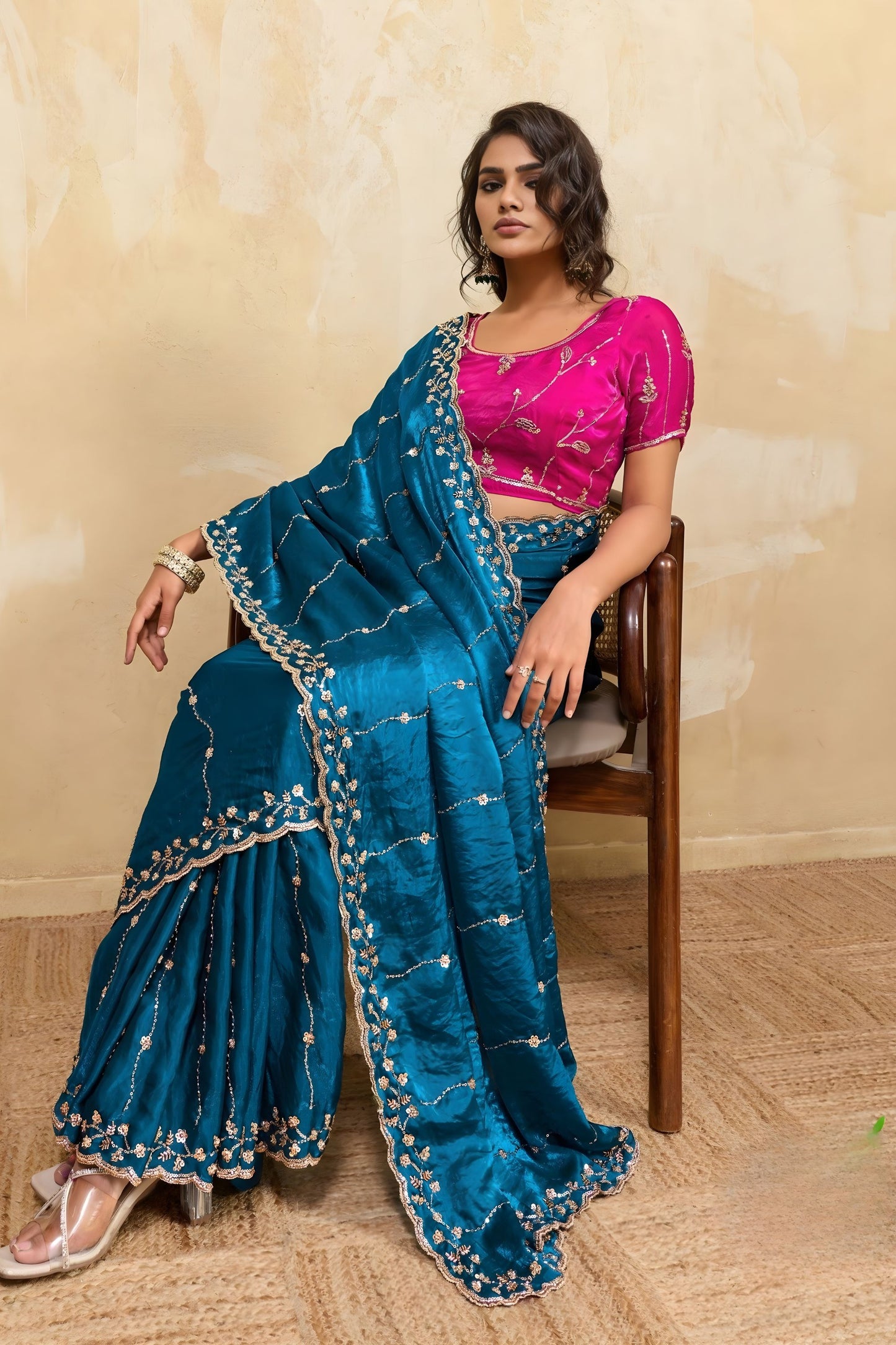 Teal Blue Silk Saree with Silver Zari Embroidery Pink Designer Blouse