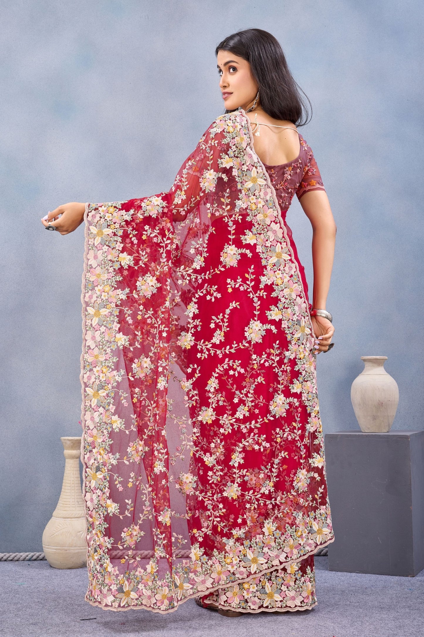 Designer Red Floral Embroidered Net Saree with Heavy Border