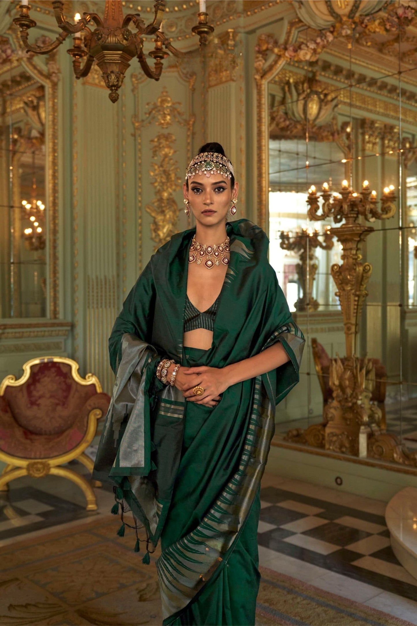 Designer Green Silk Saree with Gold Zari Border Pallu Festive Wear