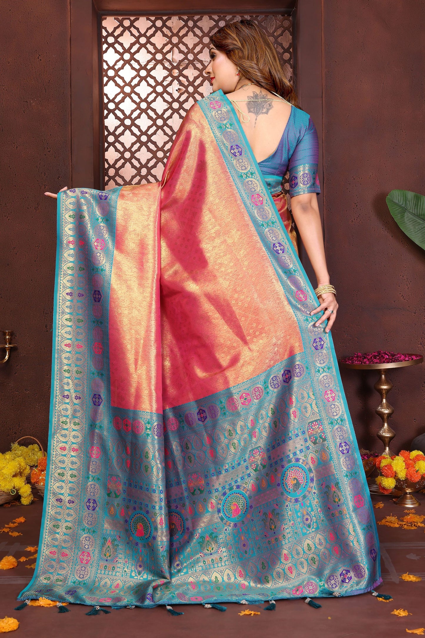Pink Teal Banarasi Silk Saree with Rich Zari Weaving Designer Pallu