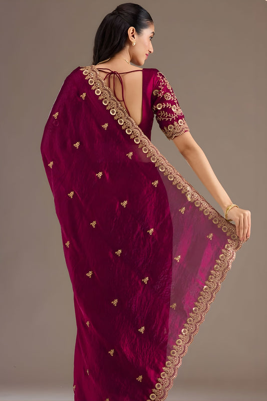 Wine Silk Saree with Heavy Zari Embroidered Border Designer Blouse