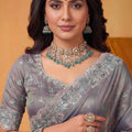 Grey Organza Silk Saree with Embroidered Border and Designer Blouse