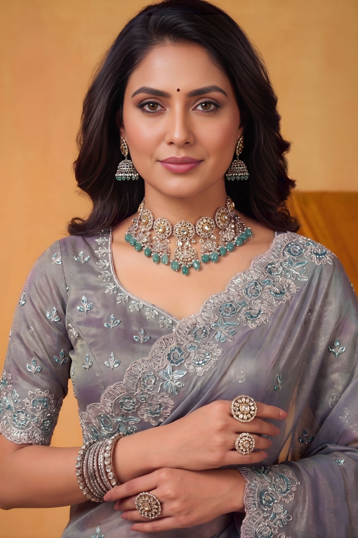 Grey Organza Silk Saree with Embroidered Border and Designer Blouse