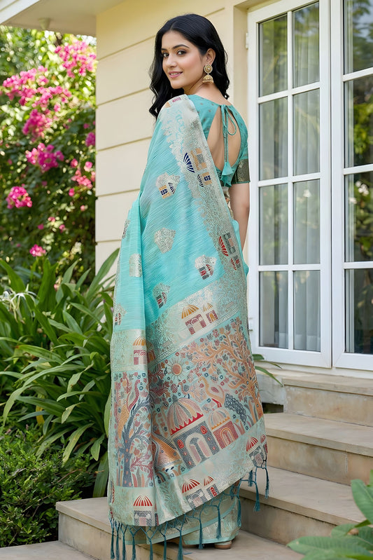 Aqua Blue Banarasi Silk Saree with Rich Woven Zari Pallu