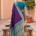 Purple Silk Saree Teal Green Contrast Border Traditional Wear