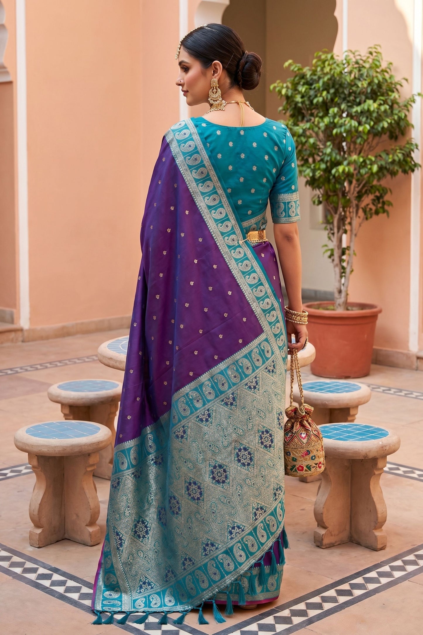 Purple Silk Saree Teal Green Contrast Border Traditional Wear