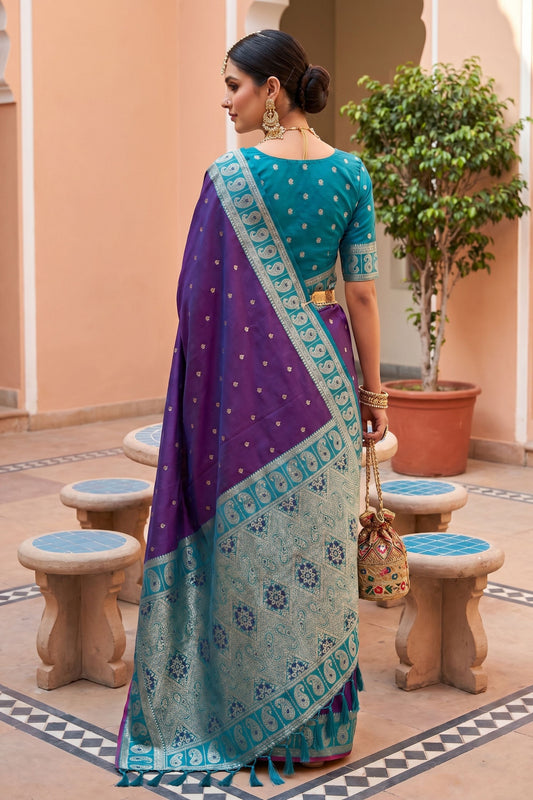 Purple Silk Saree Teal Green Contrast Border Traditional Wear