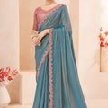 Dusty Blue Silk Saree with Pink Designer Embroidered Border