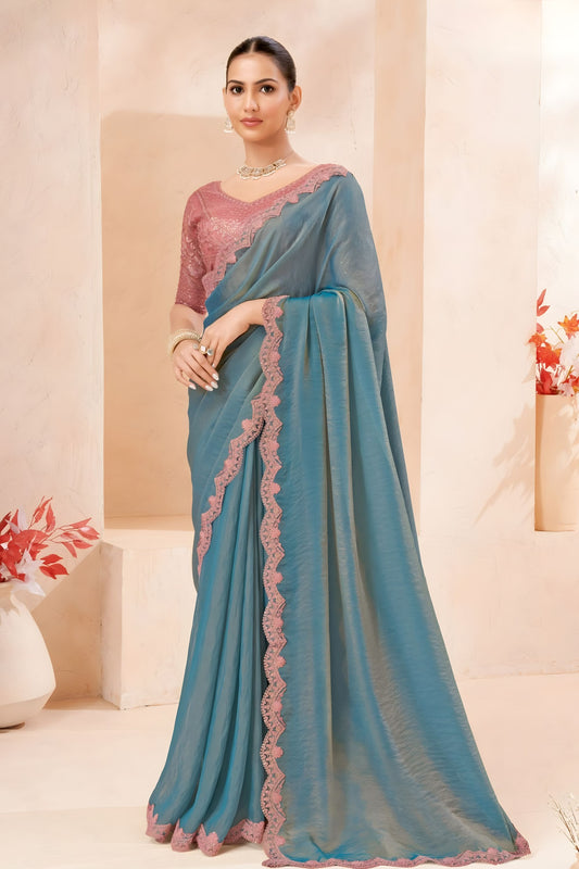 Dusty Blue Silk Saree with Pink Designer Embroidered Border
