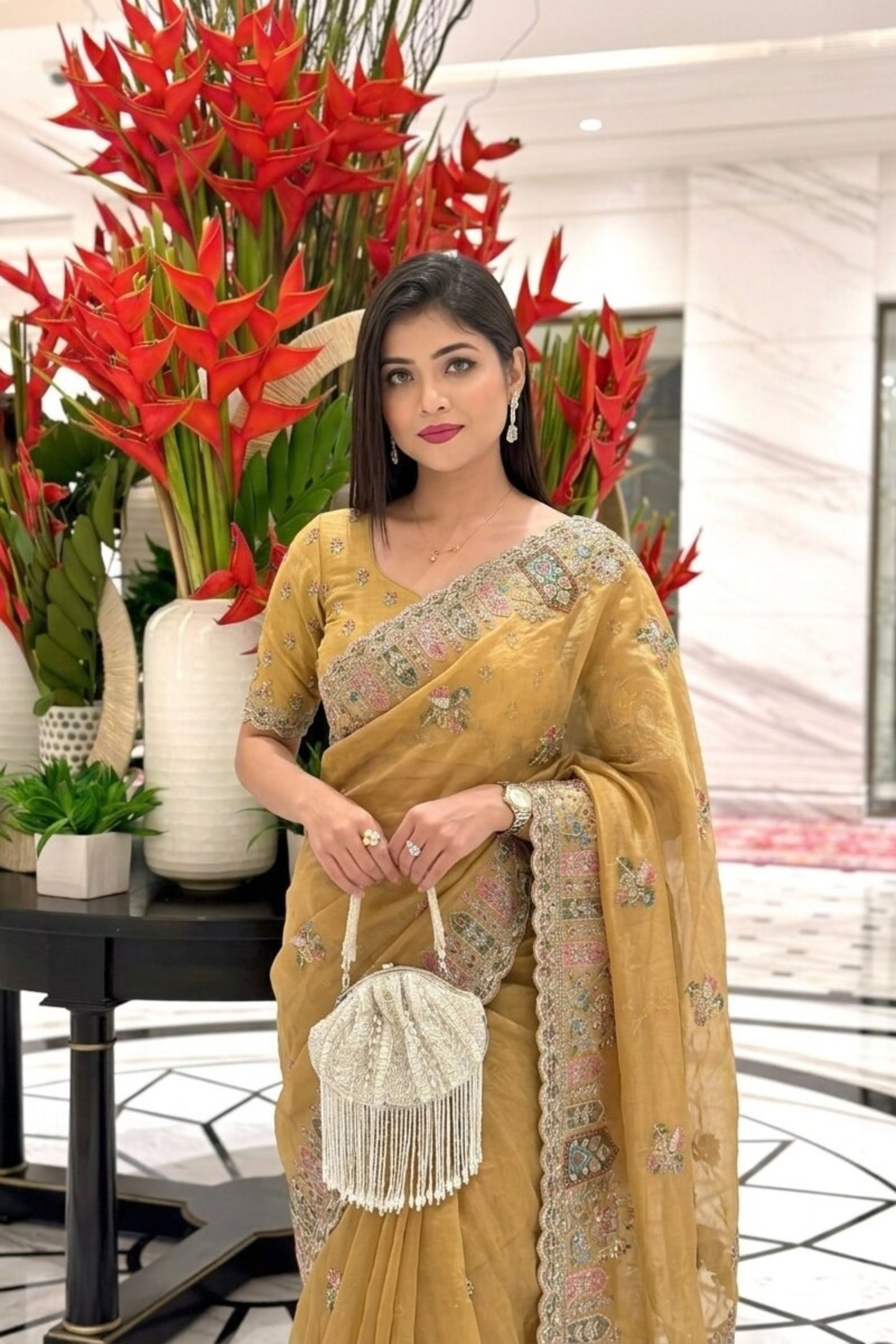 Mustard Gold Embroidered Silk Saree with Heavy Designer Border