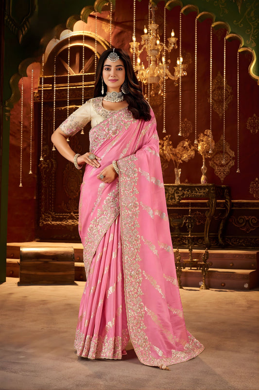 Pink Silk Saree with Heavy Gold Embroidery Designer Blouse 