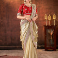 Cream Satin Silk Saree with Heavy Embroidered Border Red Designer Blouse