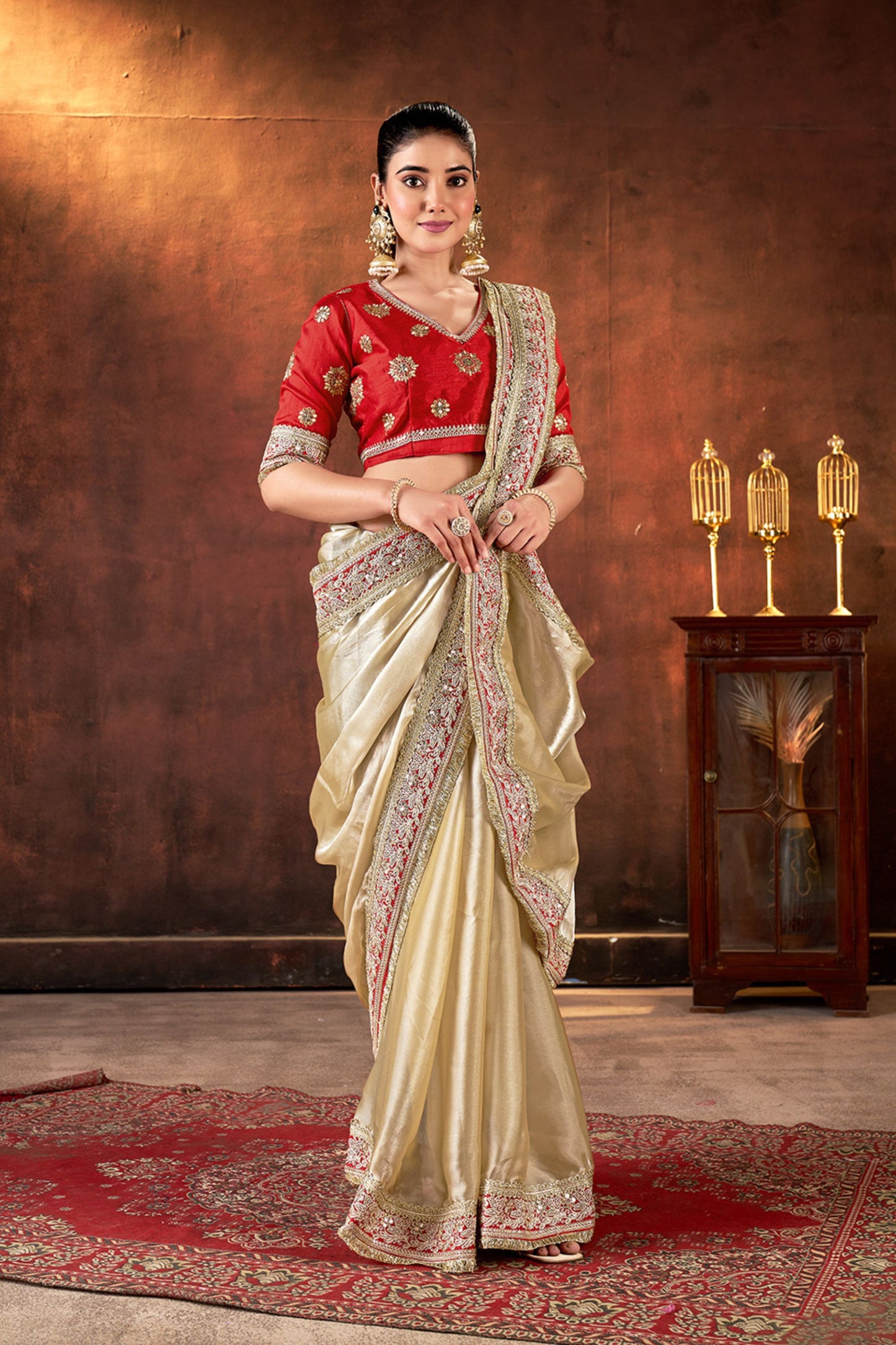 Cream Satin Silk Saree with Heavy Embroidered Border Red Designer Blouse