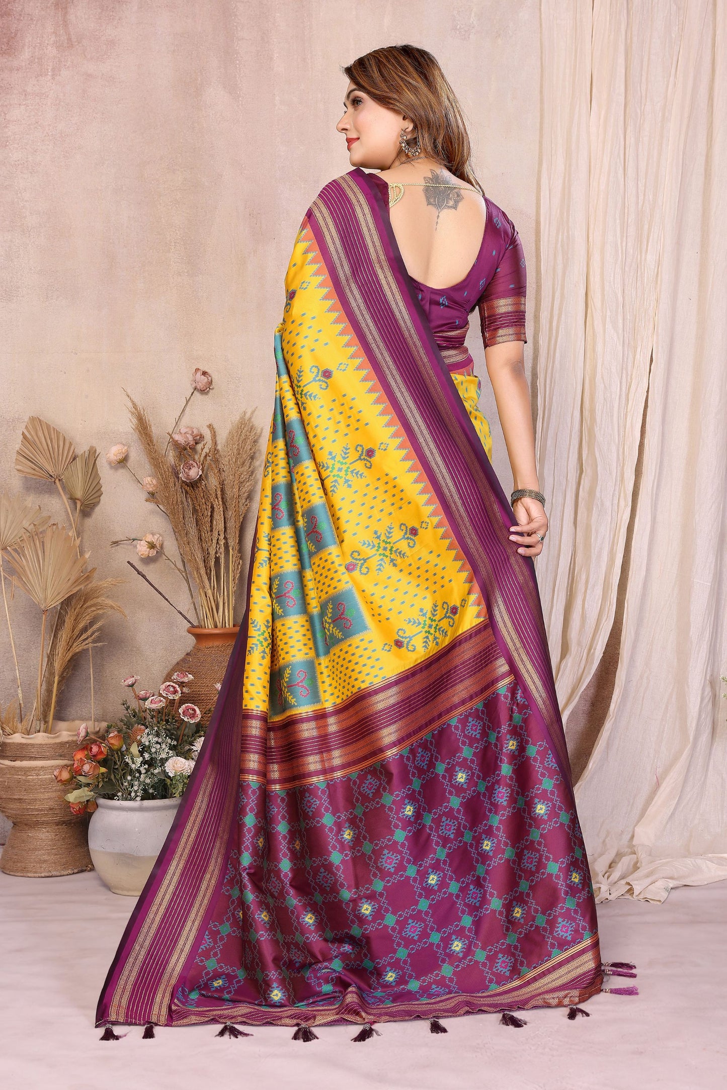 Yellow and Wine Ikat Silk Saree with Traditional Saree Contrast Border