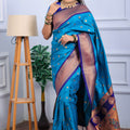 Teal Blue Kanjivaram Silk Saree with Gold Zari Border Butti Work