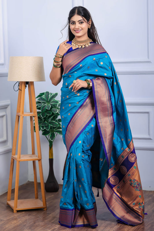 Teal Blue Kanjivaram Silk Saree with Gold Zari Border Butti Work