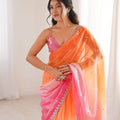 Peach Orange Hot Pink Ombre Organza Saree Embroidered Border