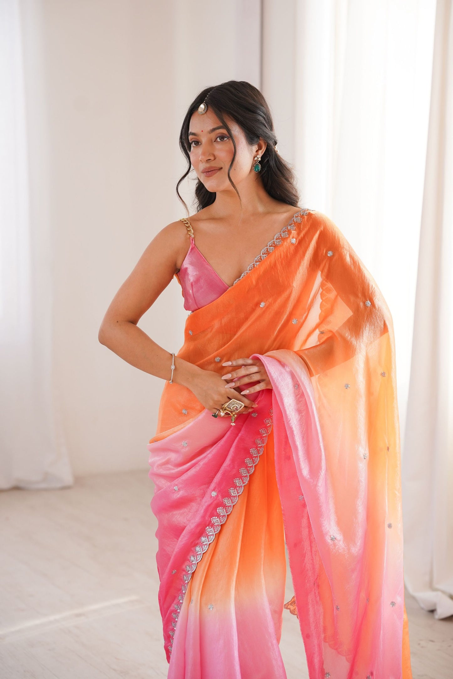 Peach Orange Hot Pink Ombre Organza Saree Embroidered Border